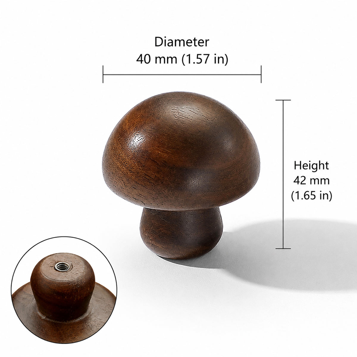 Measurements for dark walnut wood domed cabinet knob, style #6.