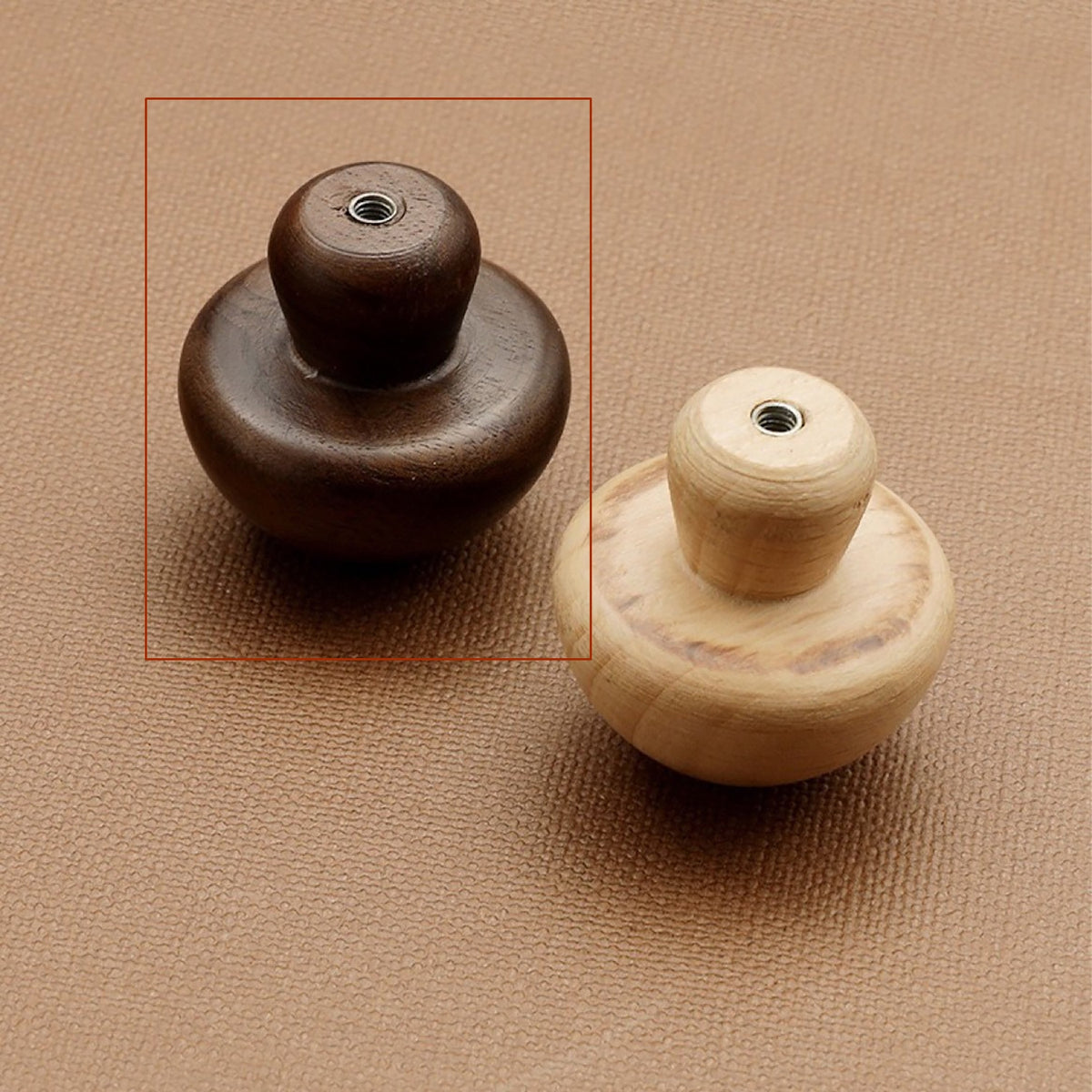 Side and mounting view of dark walnut wood domed cabinet knob, style #6.