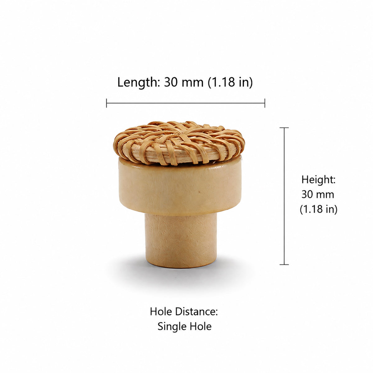 Measurements for woven rattan-topped wood cabinet knob, style #6 (30 mm option).