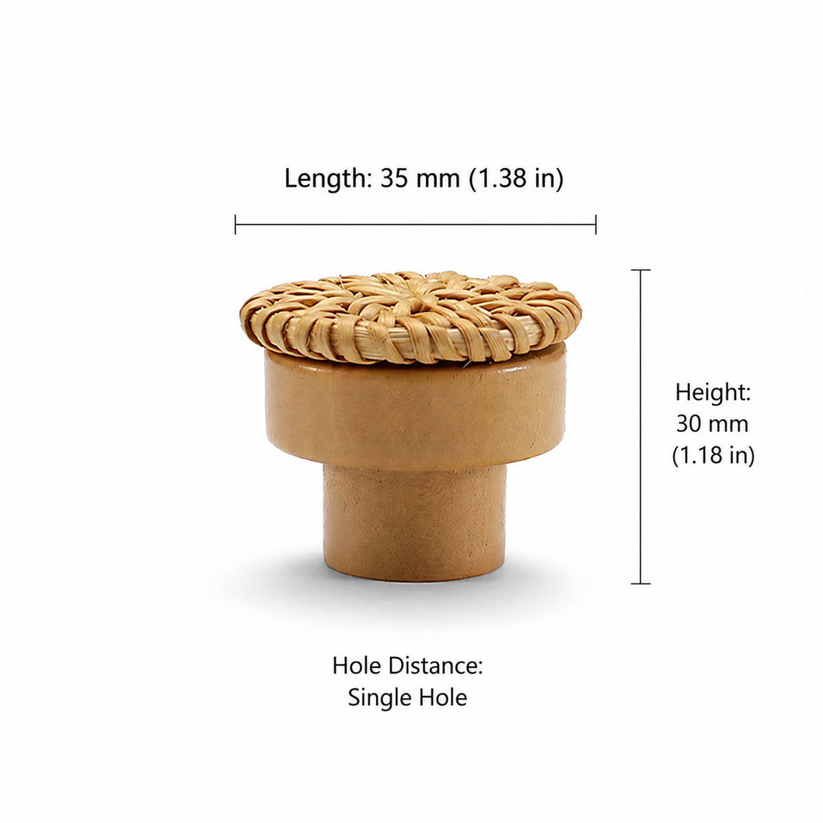 Measurements for woven rattan-topped wood cabinet knob, style #6 (35 mm option).