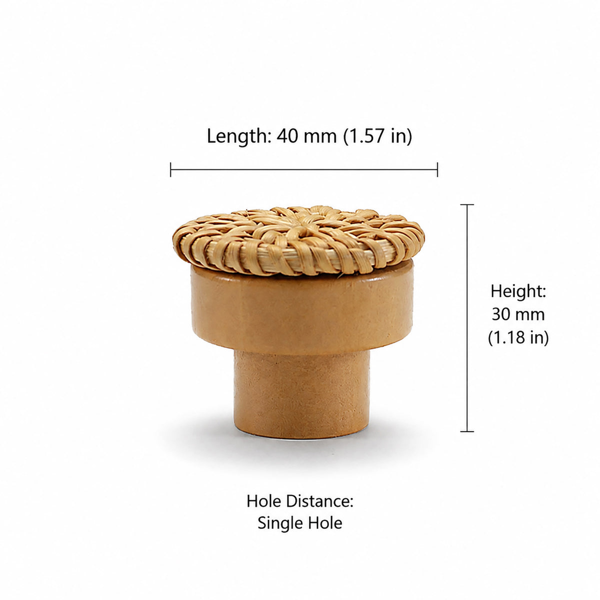 Measurements for woven rattan-topped wood cabinet knob, style #6 (40 mm option).