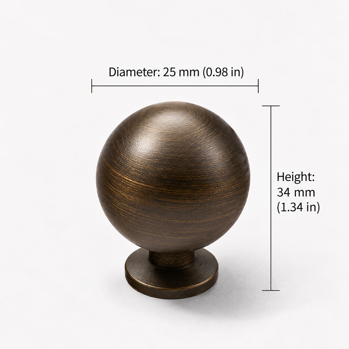Measurements for bronze-finish solid brass round cabinet knob, style #7 (25 mm).