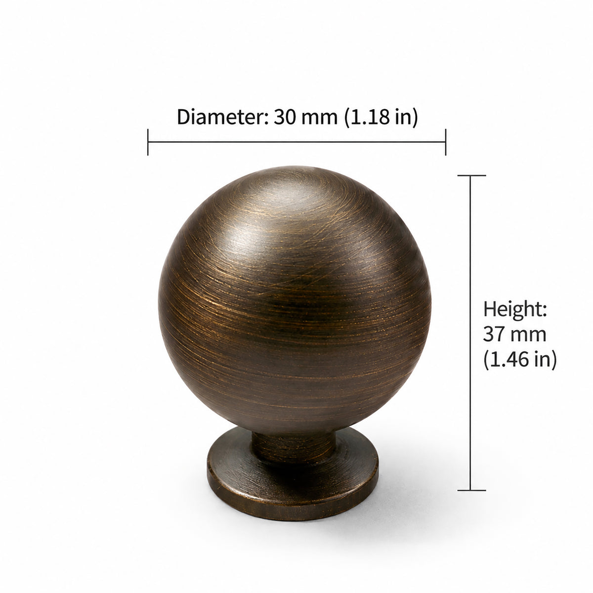 Measurements for bronze-finish solid brass round cabinet knob, style #7 (30 mm).
