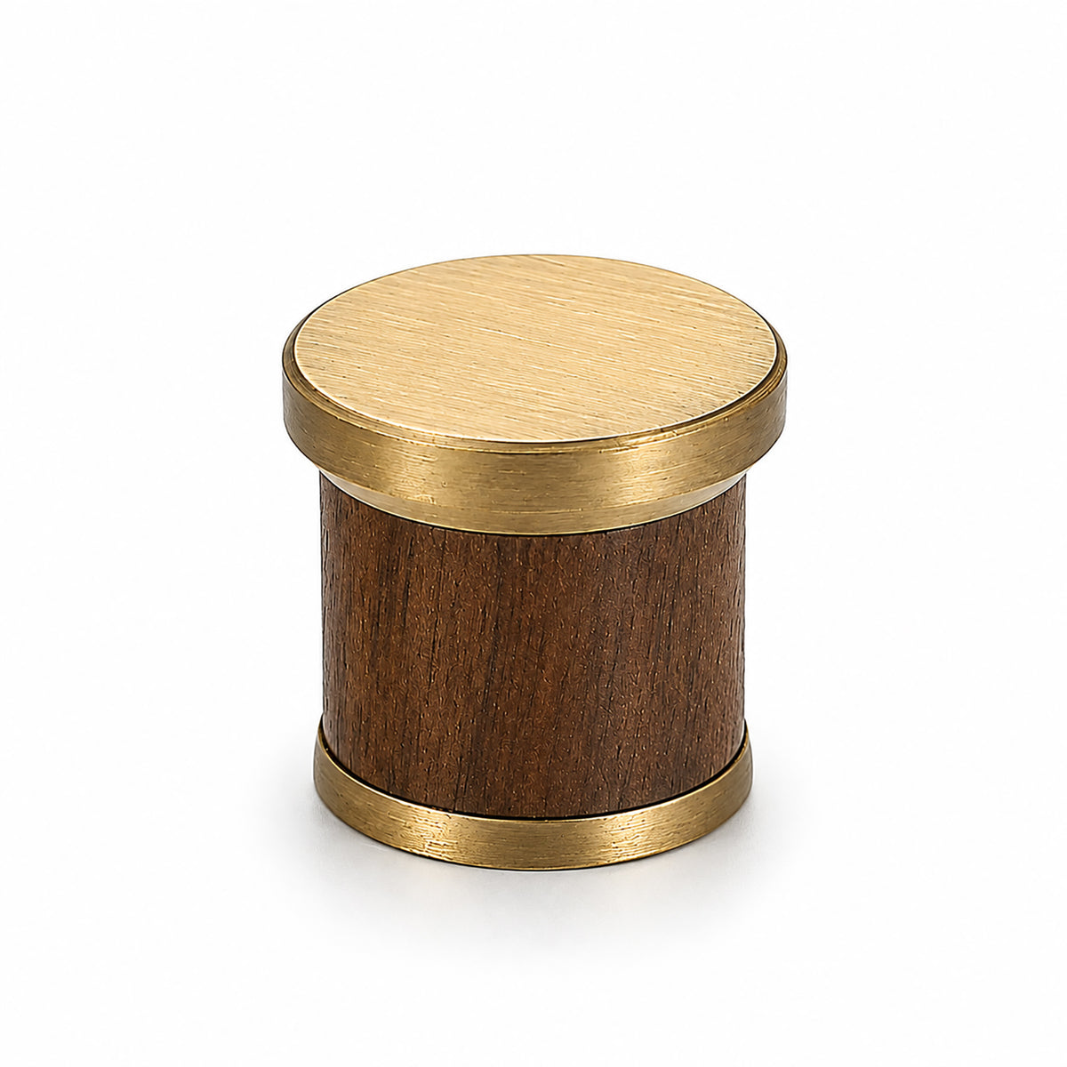 Dark wood barrel cabinet knob with brass end caps, style #7 Brass.