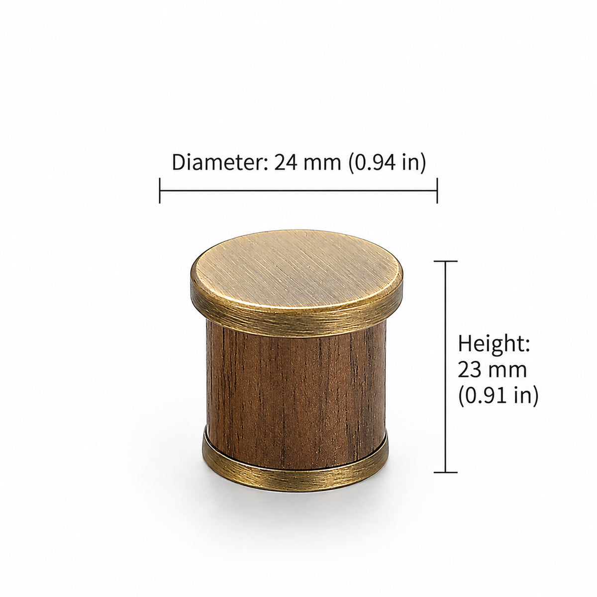 Measurements for dark wood barrel cabinet knob with bronze-finish end caps, style #7 Bronze.