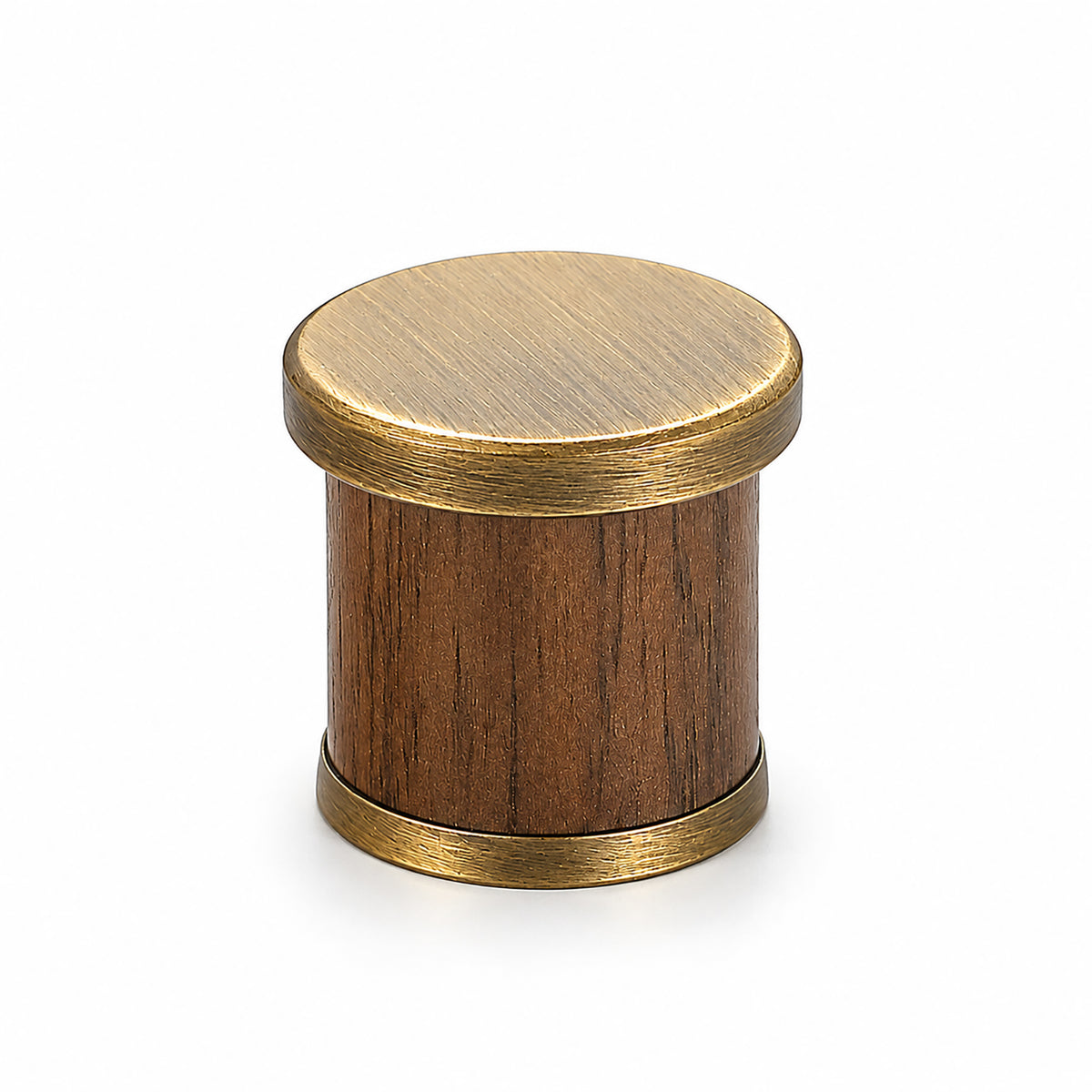 Dark wood barrel cabinet knob with bronze-finish end caps, style #7 Bronze.