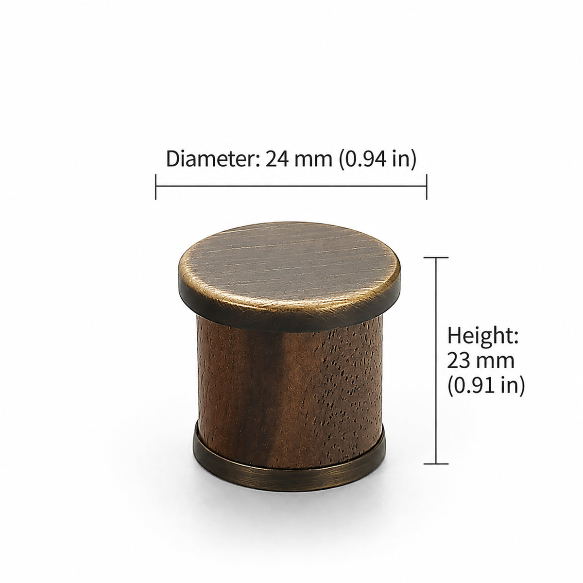 Measurements for dark wood barrel cabinet knob with coffee-finish end caps, style #7 Coffee.