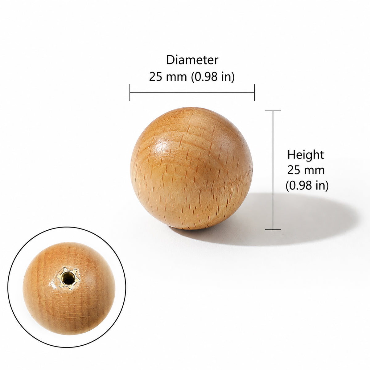 Measurements for beech wood ball cabinet knob, style #7 (25 mm).