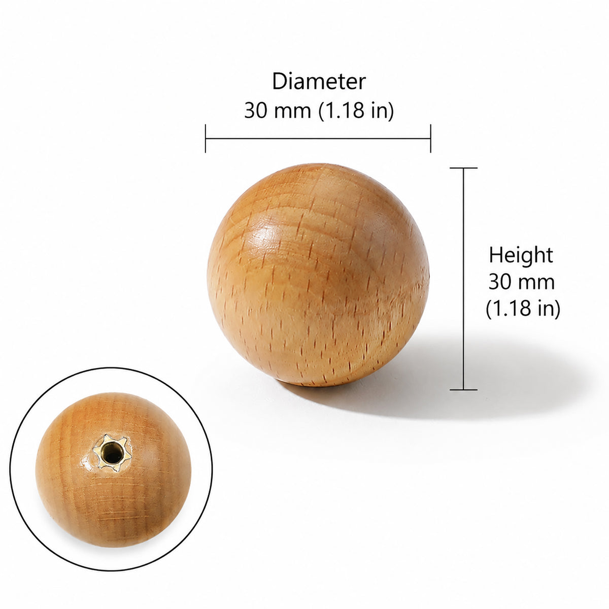 Measurements for beech wood ball cabinet knob, style #7 (30 mm).