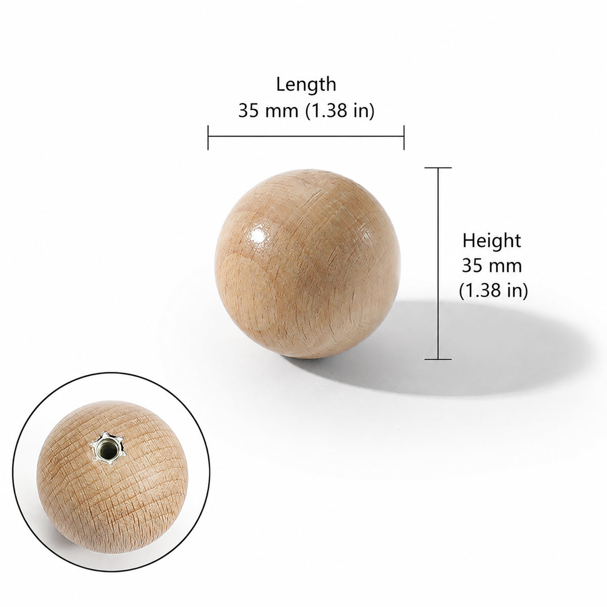 Measurements for beech wood ball cabinet knob, style #7 (35 mm).