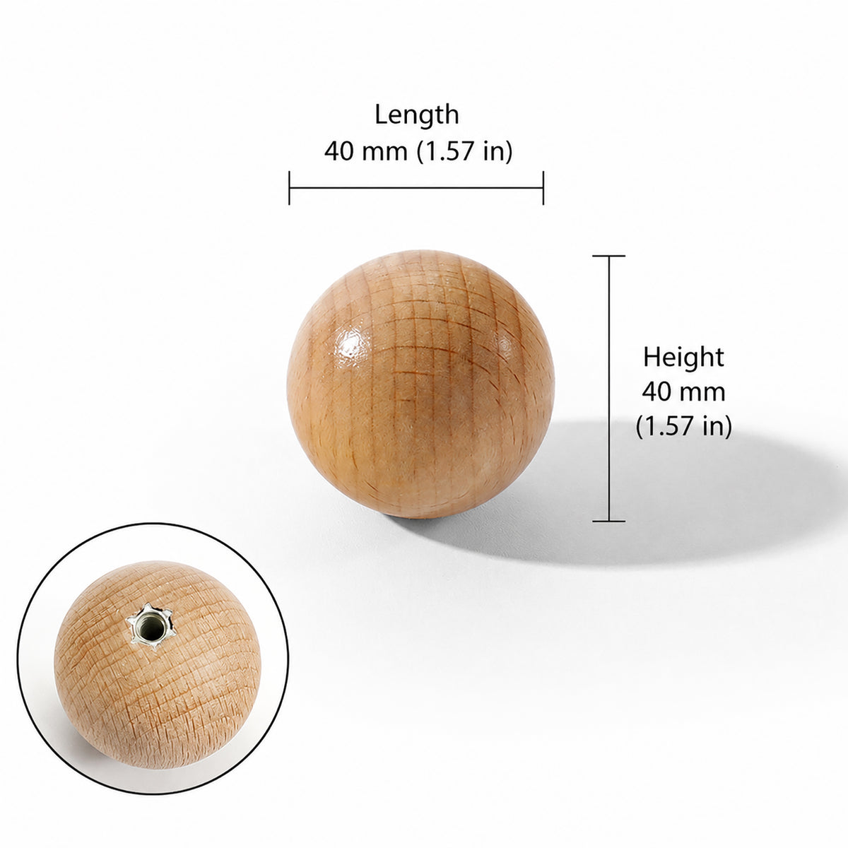 Measurements for beech wood ball cabinet knob, style #7 (40 mm).