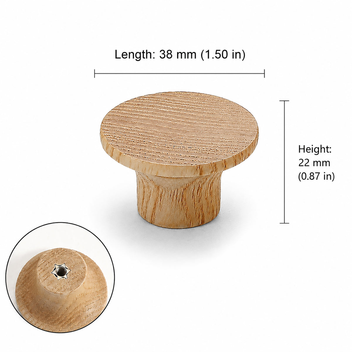 Measurements for flat round oak cabinet knob, style #7.