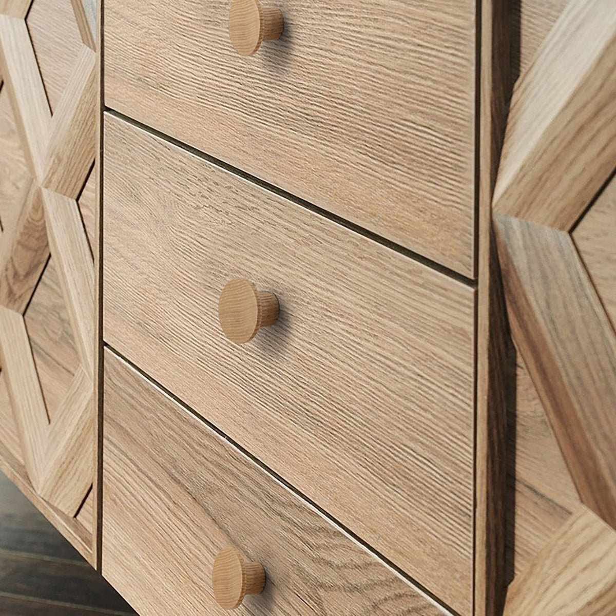 Flat round oak cabinet knob, style #7 shown in a styled setting.