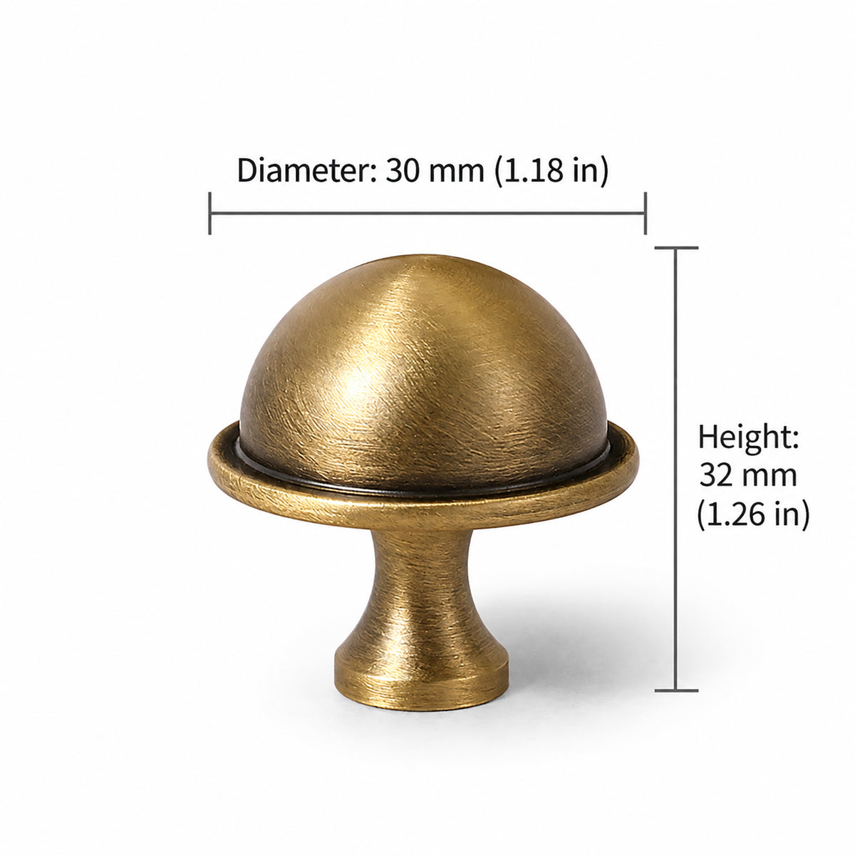Measurements for half-dome brass cabinet knob with brushed bronze finish, style #7.