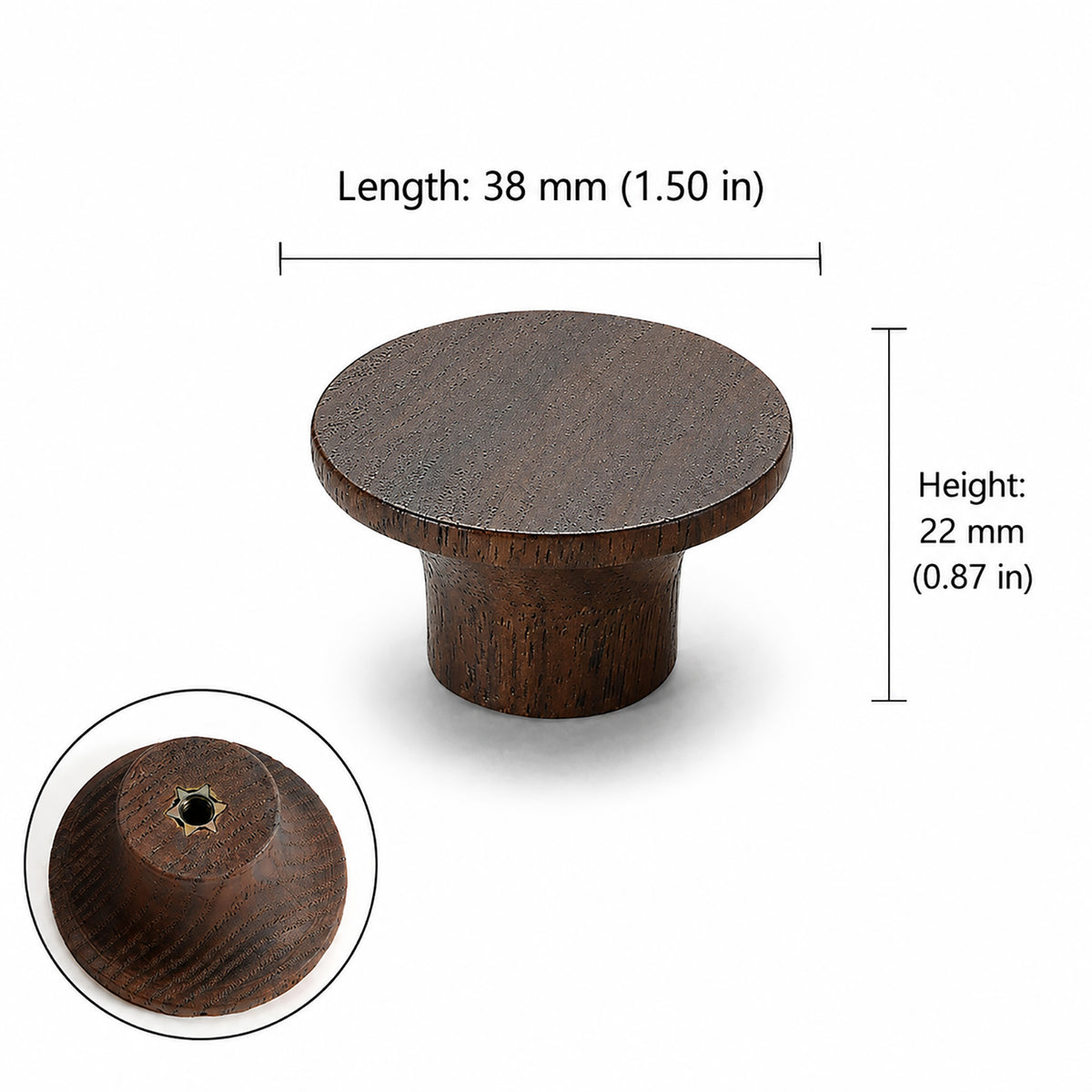 Measurements for flat round walnut cabinet knob, style #7.