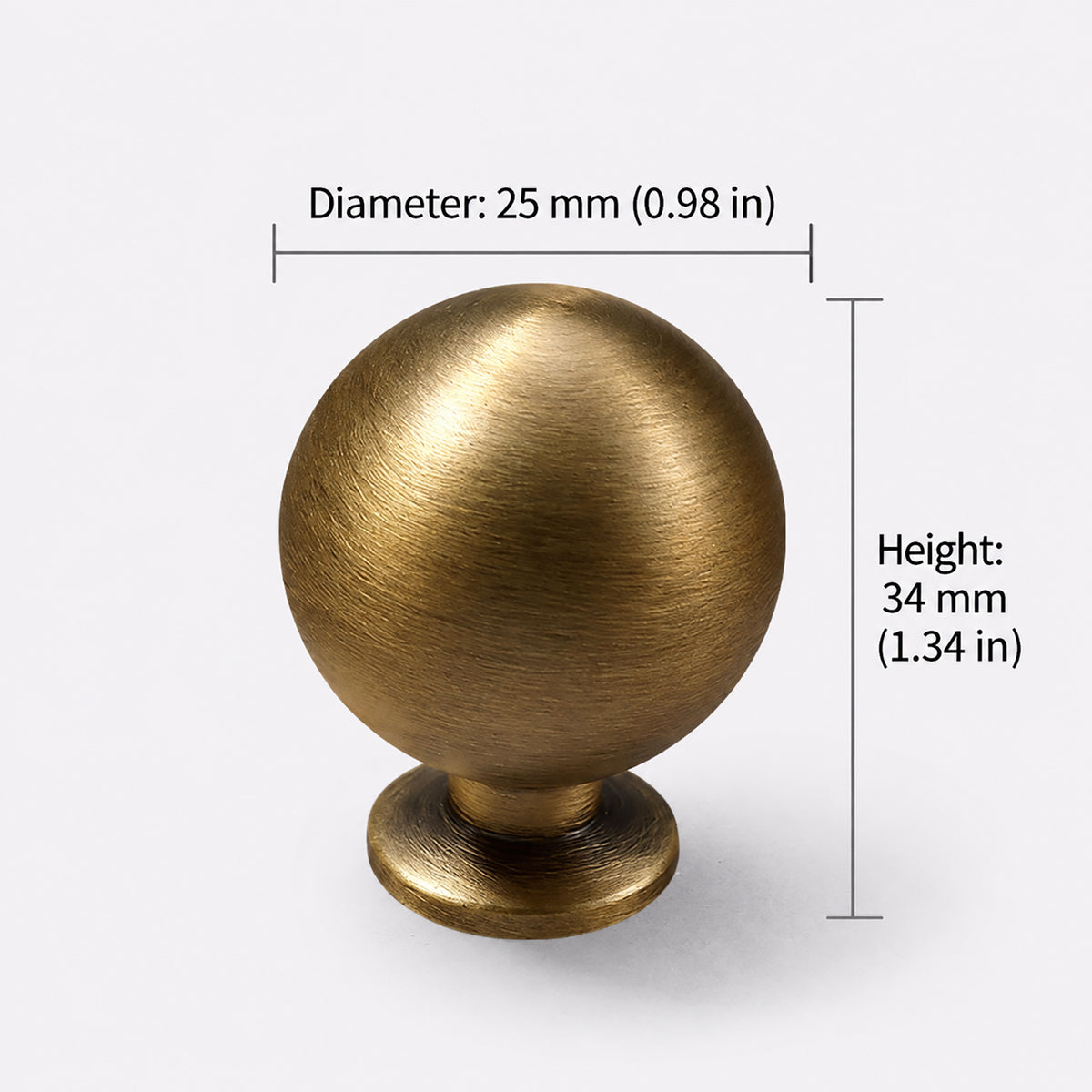 Measurements for spherical brass cabinet knob with brushed bronze finish, style #8 (25 mm option).