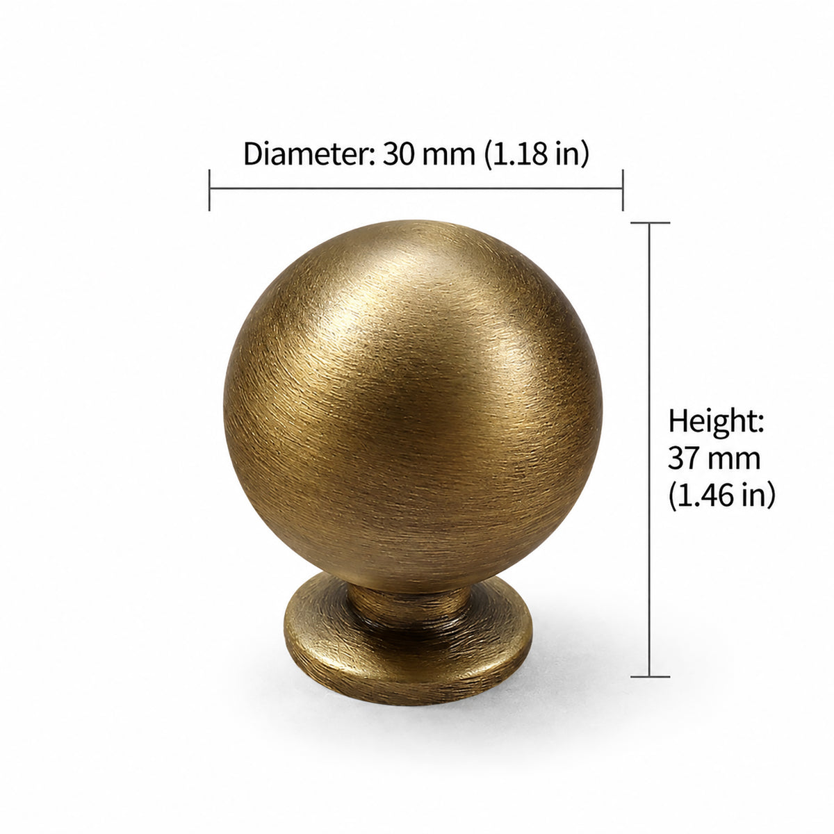 Measurements for spherical brass cabinet knob with brushed bronze finish, style #8 (30 mm option).