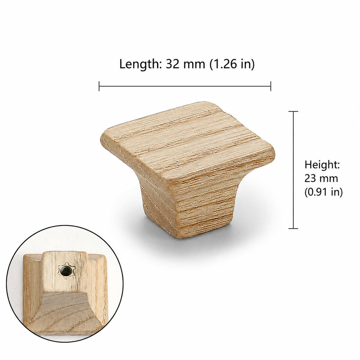 Measurements for flared square oak cabinet knob, style #8.