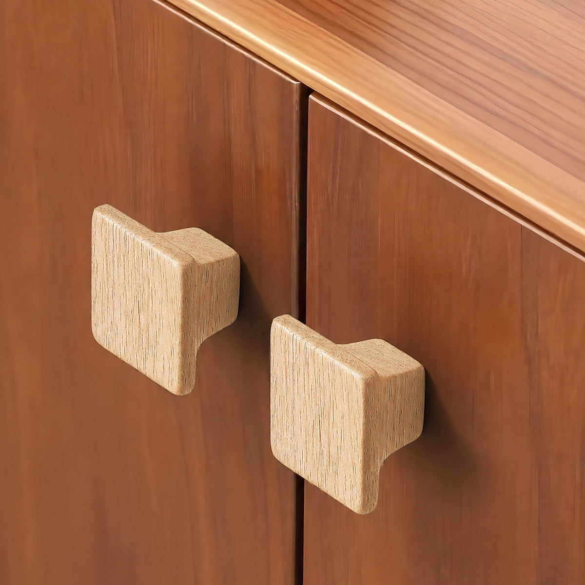 Flared square oak cabinet knob, style #8 shown in a styled setting.