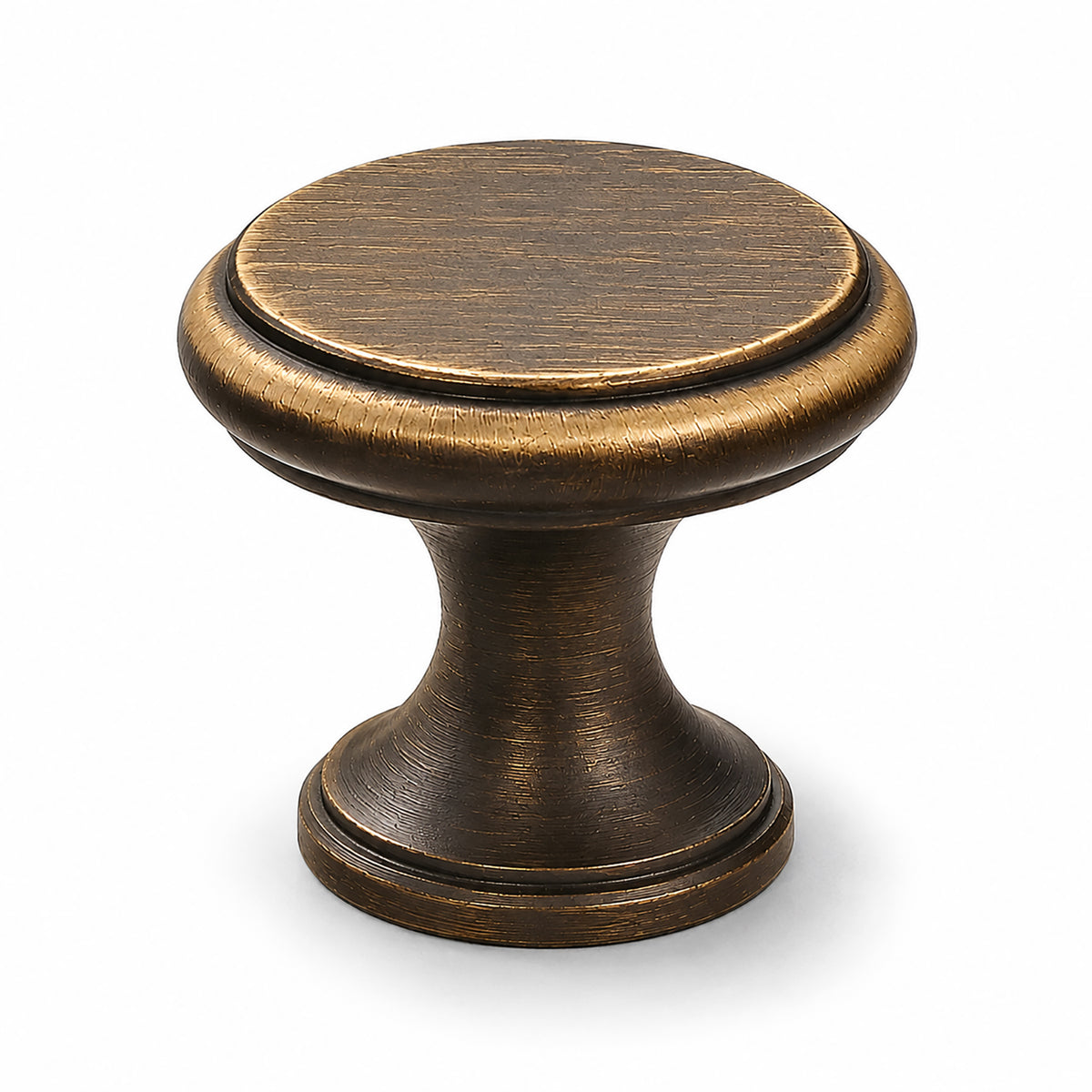 Bronze-finish solid brass round cabinet knob, style #8.