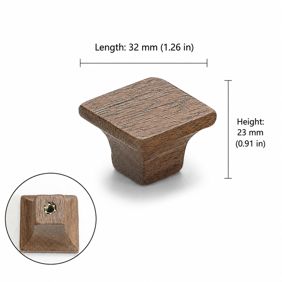 Measurements for flared square walnut cabinet knob, style #8.
