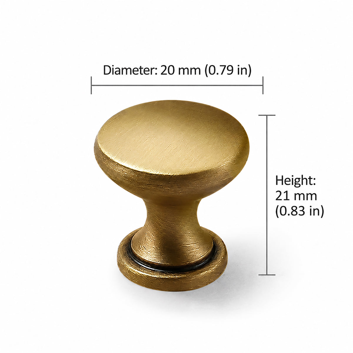 Measurements for domed mushroom brass cabinet knob with brushed bronze finish, style #9 (20 mm option).