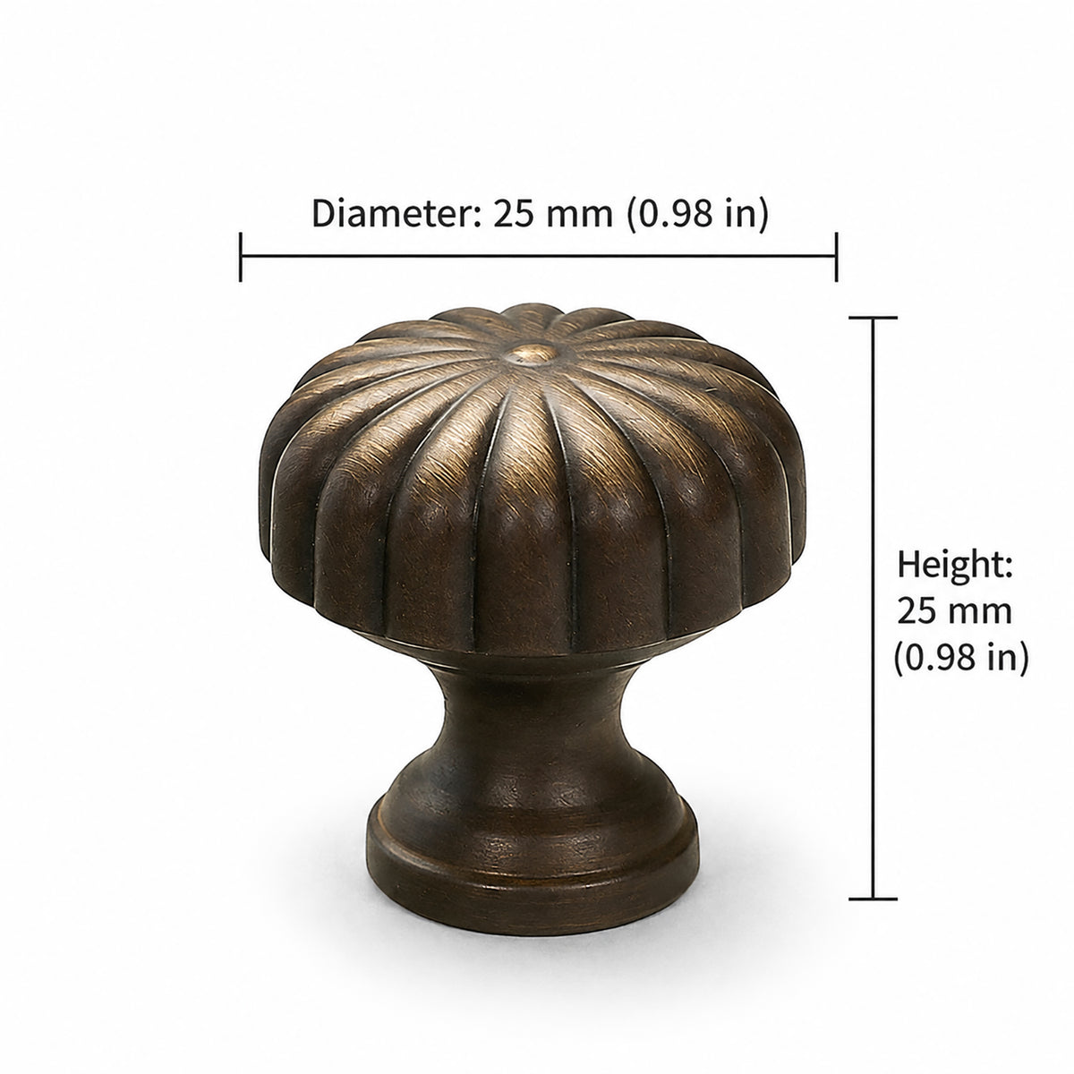 Measurements for bronze-finish solid brass round cabinet knob, style #9 (25 mm).