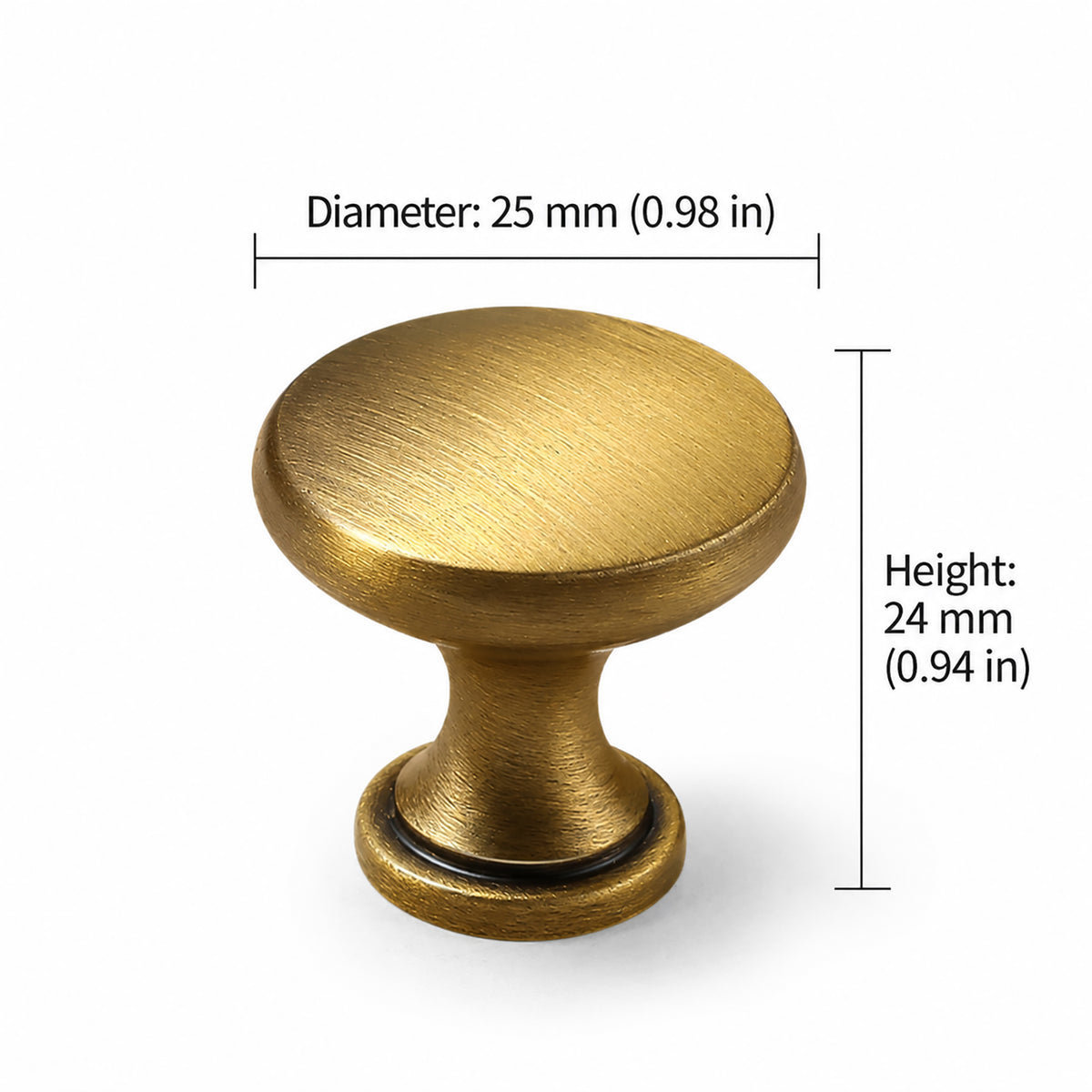 Measurements for domed mushroom brass cabinet knob with brushed bronze finish, style #9 (25 mm option).