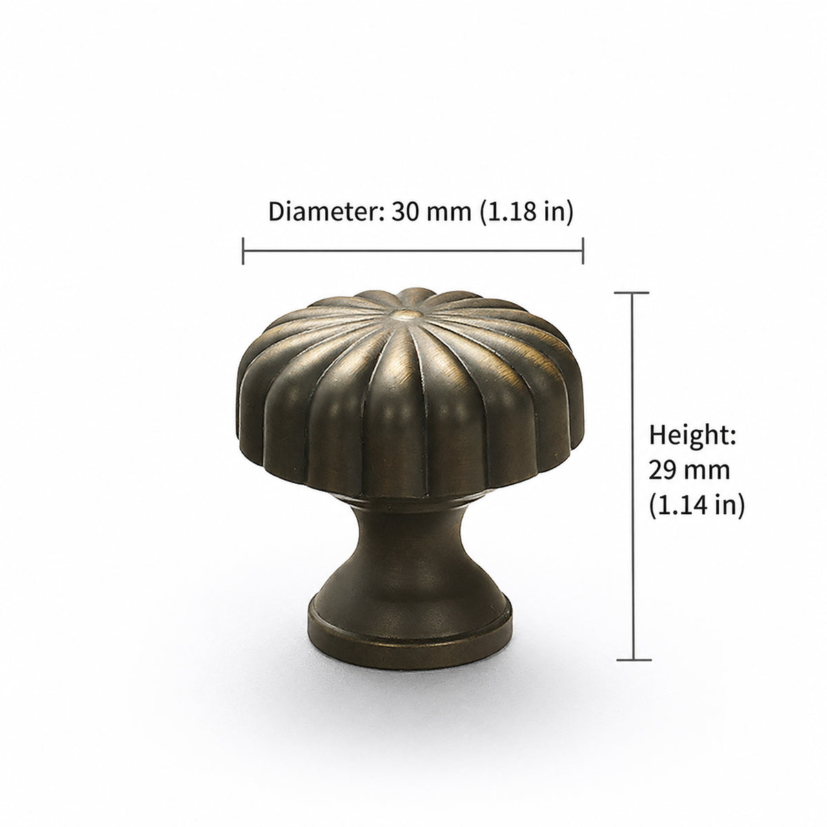 Measurements for bronze-finish solid brass round cabinet knob, style #9 (30 mm).