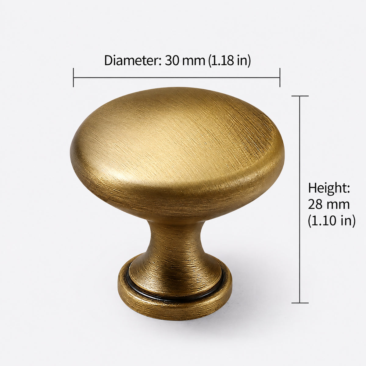 Measurements for domed mushroom brass cabinet knob with brushed bronze finish, style #9 (30 mm option).