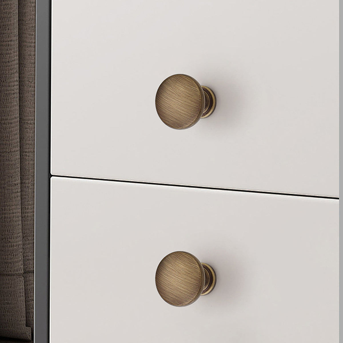 Domed mushroom brass cabinet knob with brushed bronze finish, style #9 (30 mm option) installed on furniture.