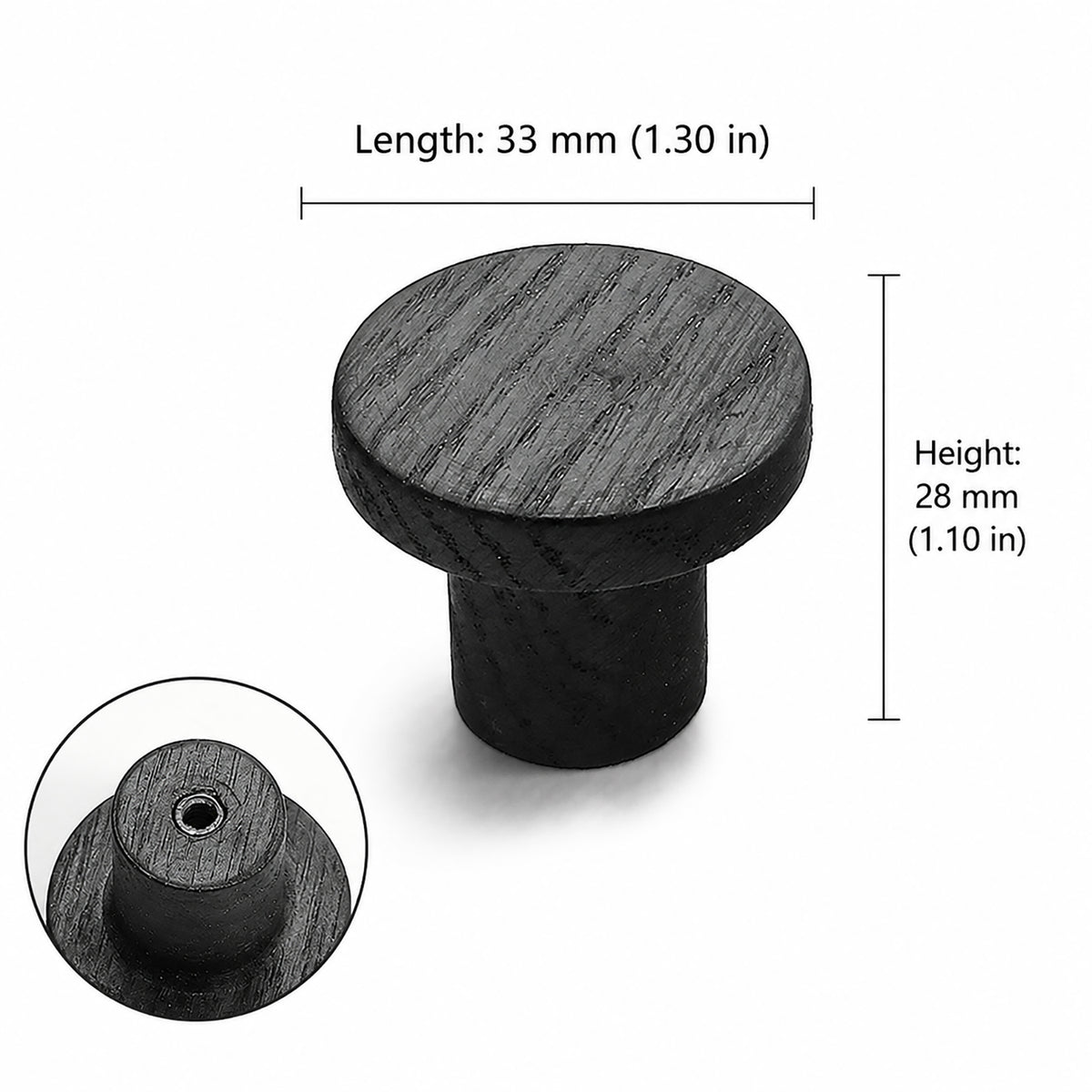 Measurements for cylindrical round black-finish oak cabinet knob, style #9.