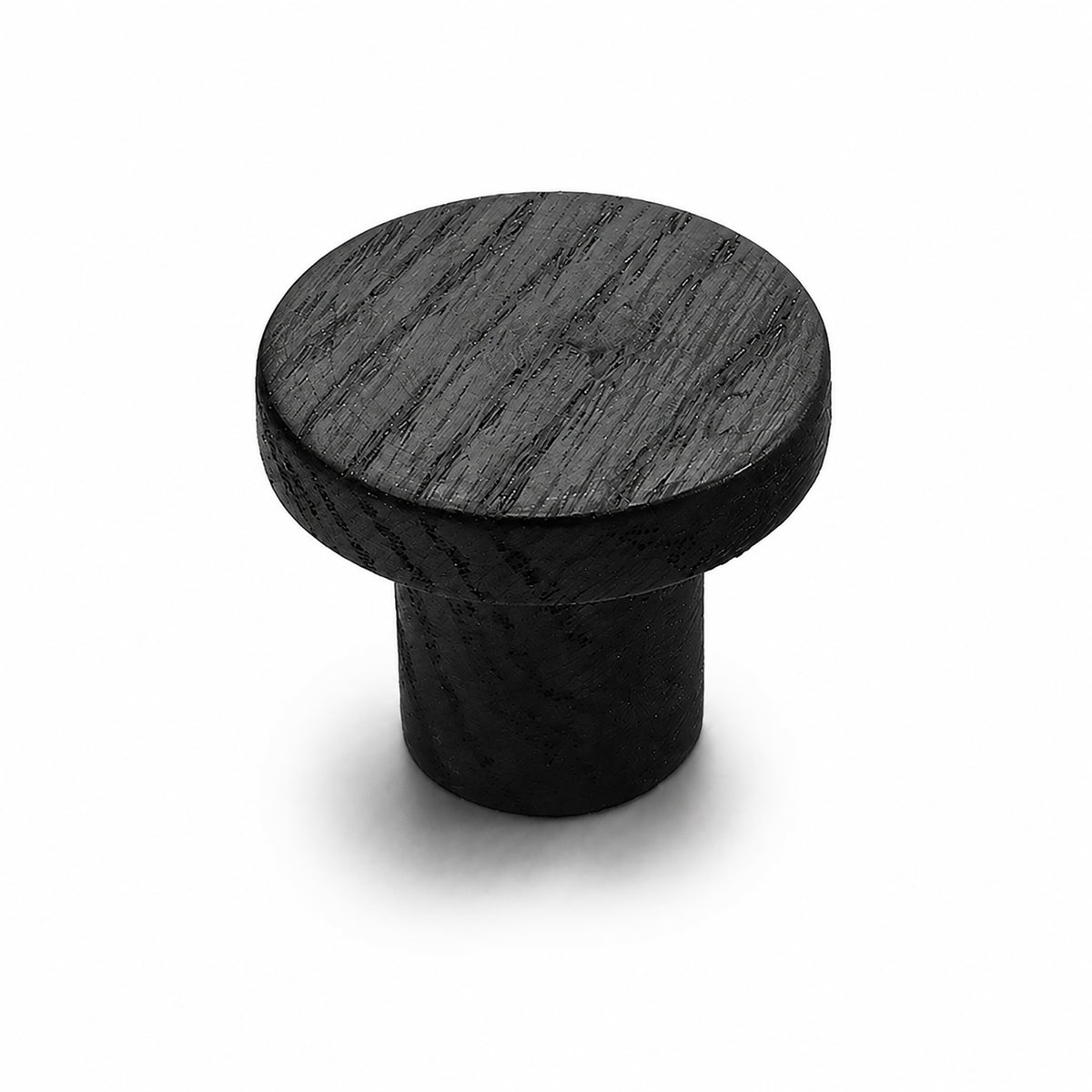 Cylindrical round black-finish oak cabinet knob, style #9.