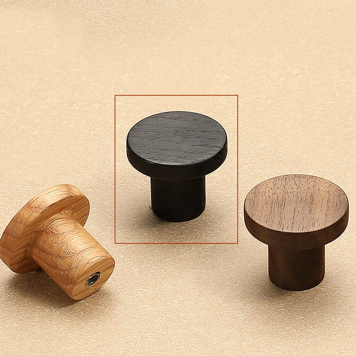 Additional view of cylindrical round black-finish oak cabinet knob, style #9.