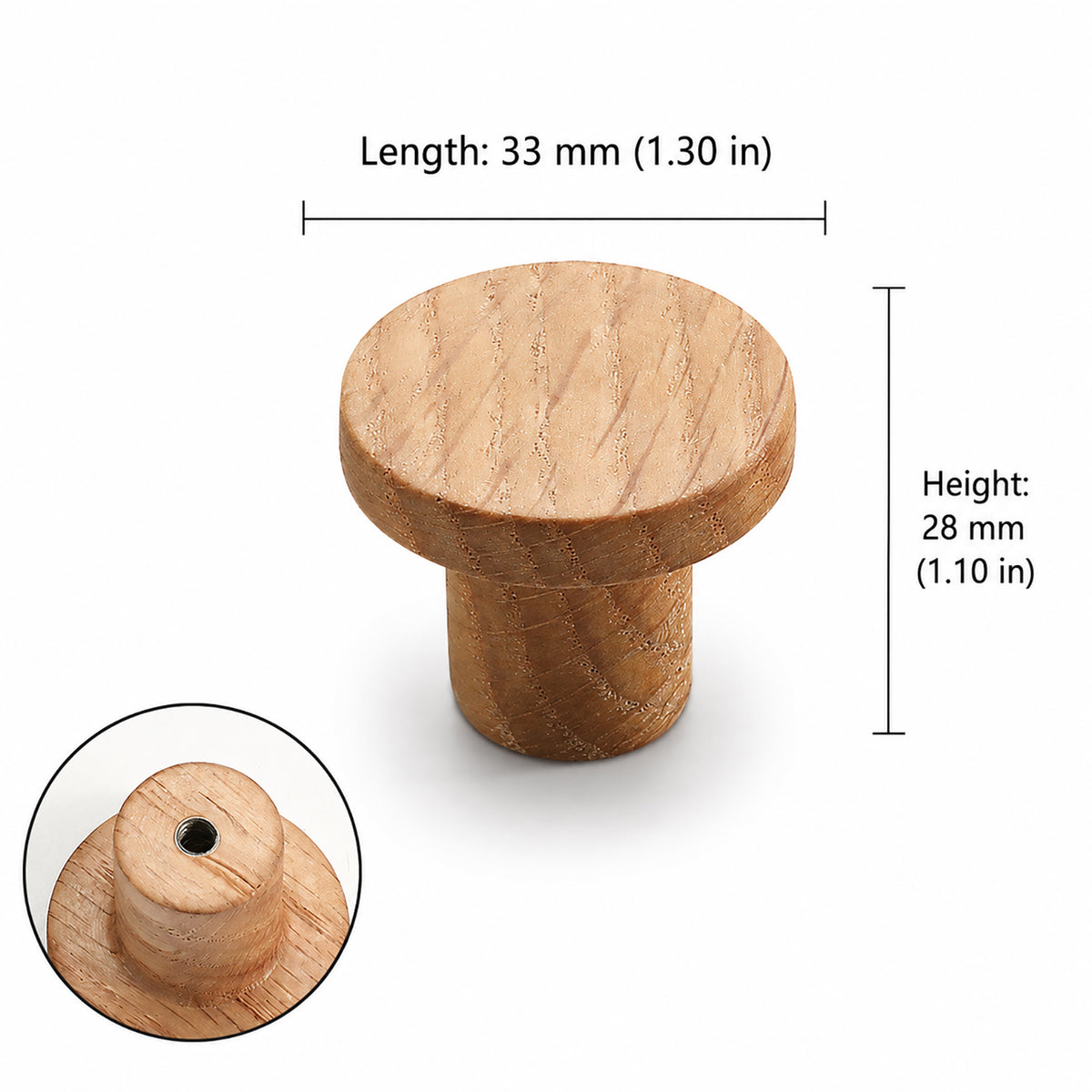 Measurements for cylindrical round oak cabinet knob, style #9.