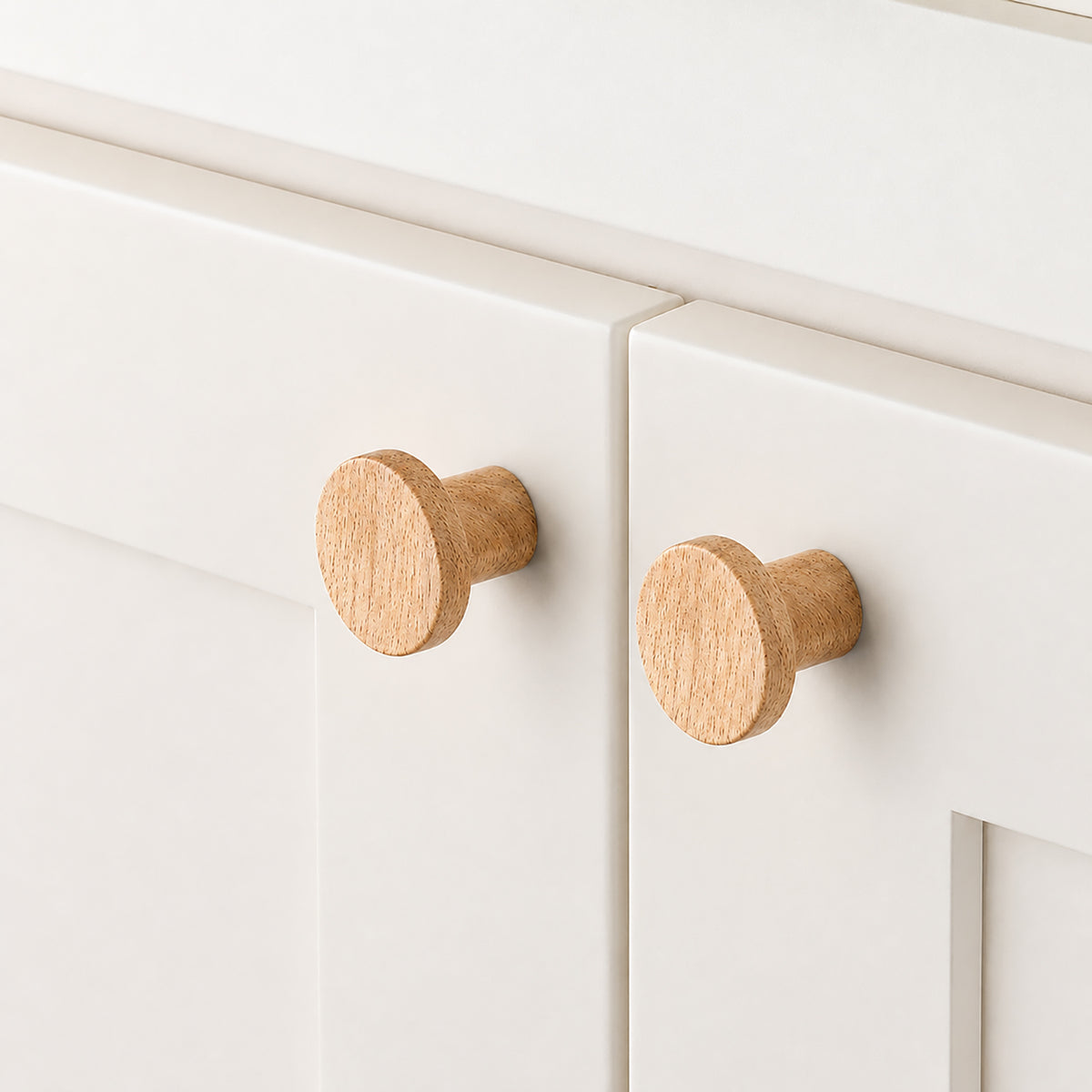 Cylindrical round oak cabinet knob, style #9 shown in a styled setting.