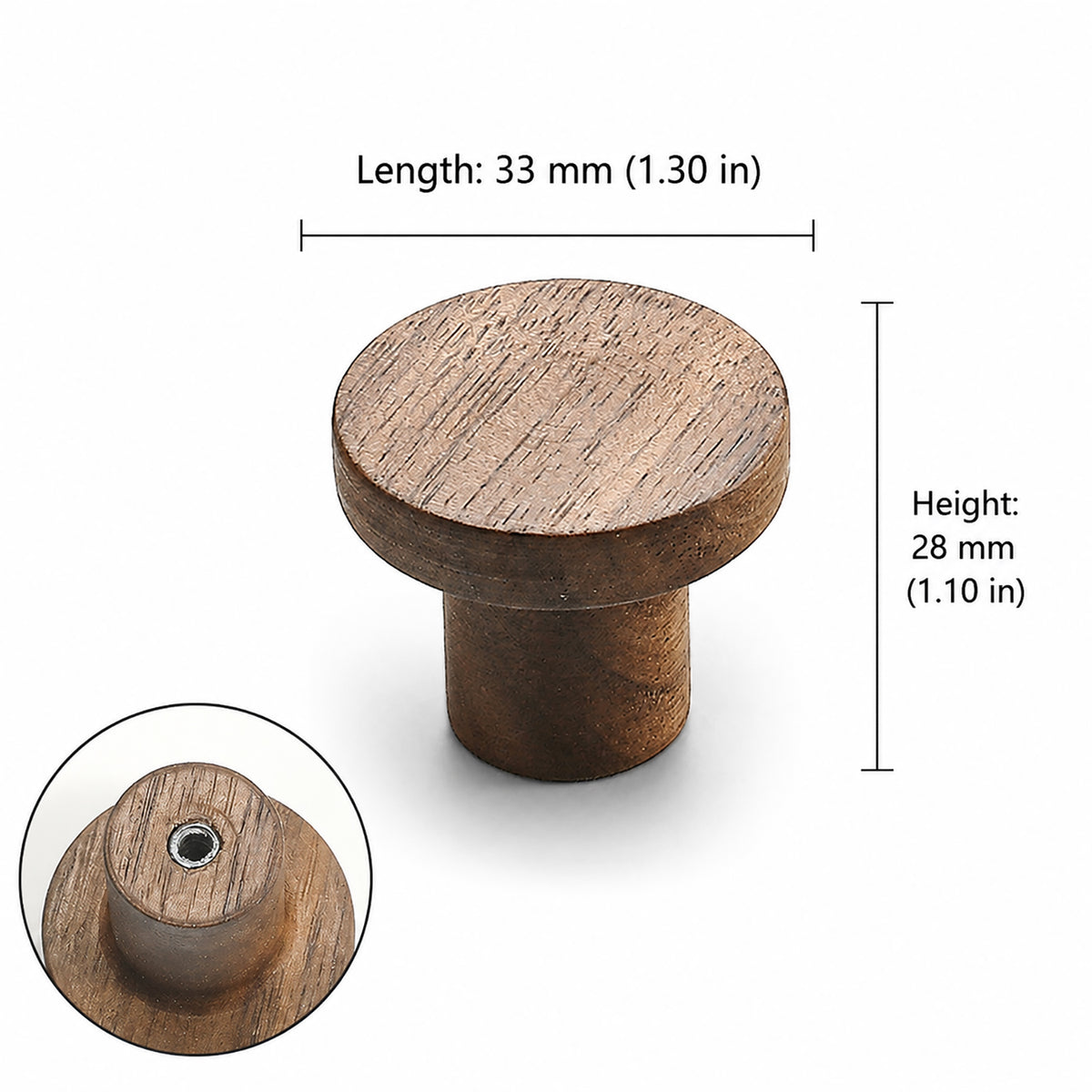 Measurements for cylindrical round walnut cabinet knob, style #9.