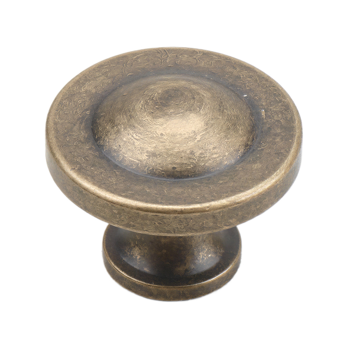Aged bronze-tone round cabinet knob with a textured shallow dished face, option No. 2.