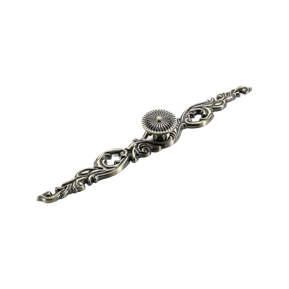 Antique bronze-tone cabinet knob with an elongated floral backplate, option No. 4.
