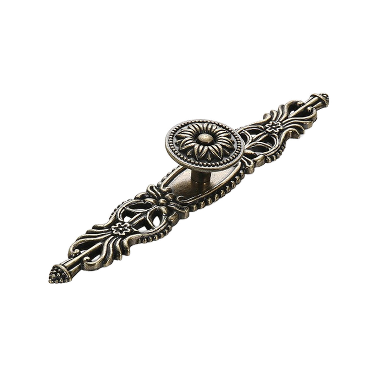 Antique bronze-tone cabinet knob with an elongated filigree backplate, option No. 8, 165 mm.
