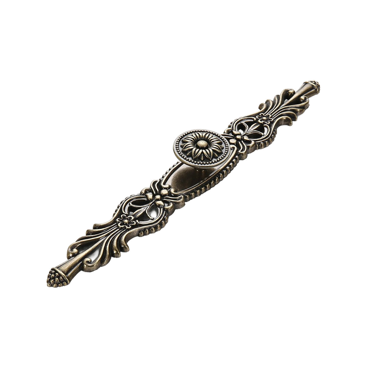 Antique bronze-tone cabinet knob with an elongated filigree backplate, option No. 8, 255 mm.