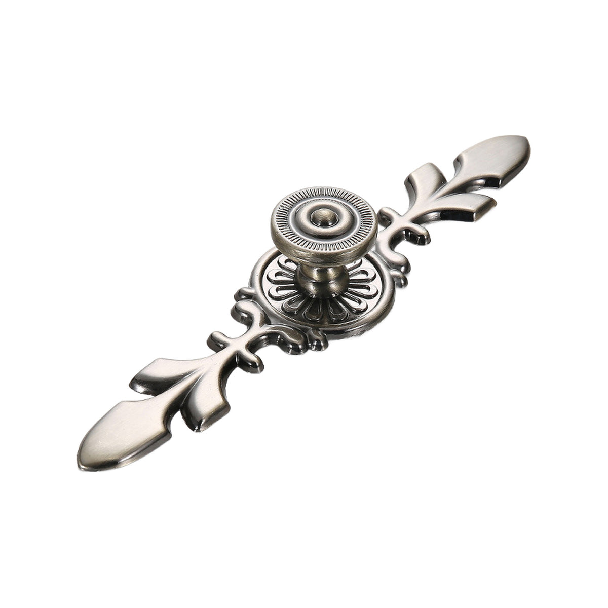 Antique bronze-tone cabinet knob with a floral center and leaf-shaped backplate, option No. 2.