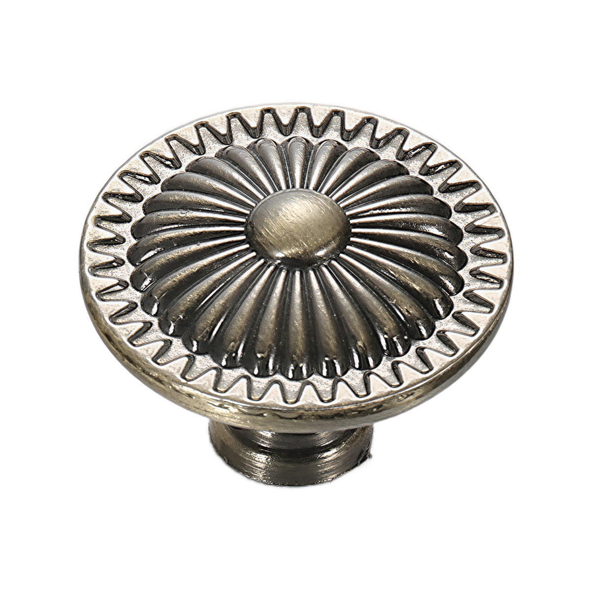 Antique bronze-tone round cabinet knob with a fluted flower face, option No. 3.