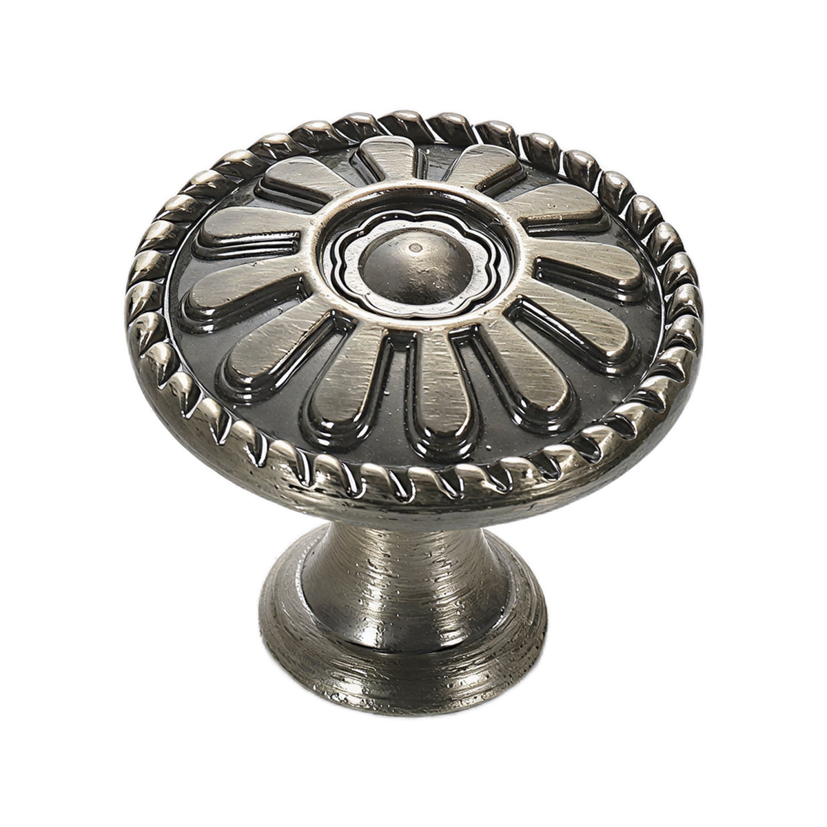 Antique bronze-tone round cabinet knob with raised petals, option No. 7, 24 mm.