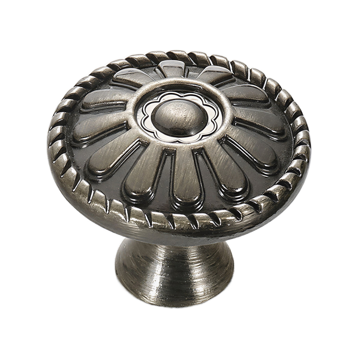 Antique bronze-tone round cabinet knob with raised petals, option No. 7, 31 mm.
