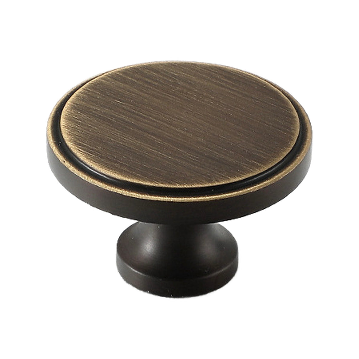 Antique bronze round cabinet knob with a gold-tone rim, option No. 17.