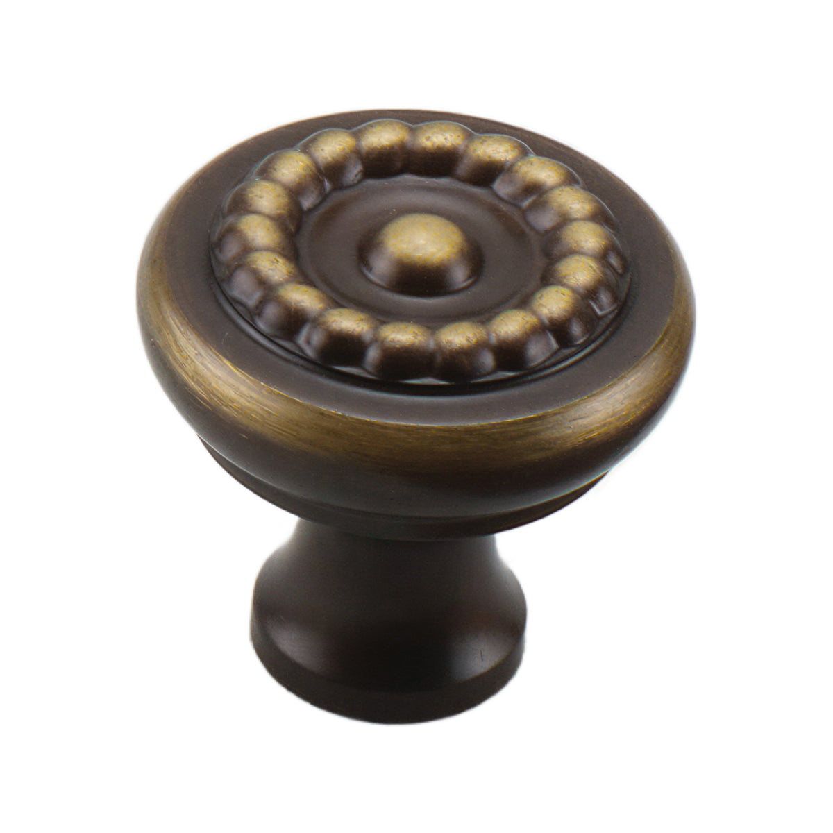 Antique bronze-tone round cabinet knob with a beaded ring, option No. 3.