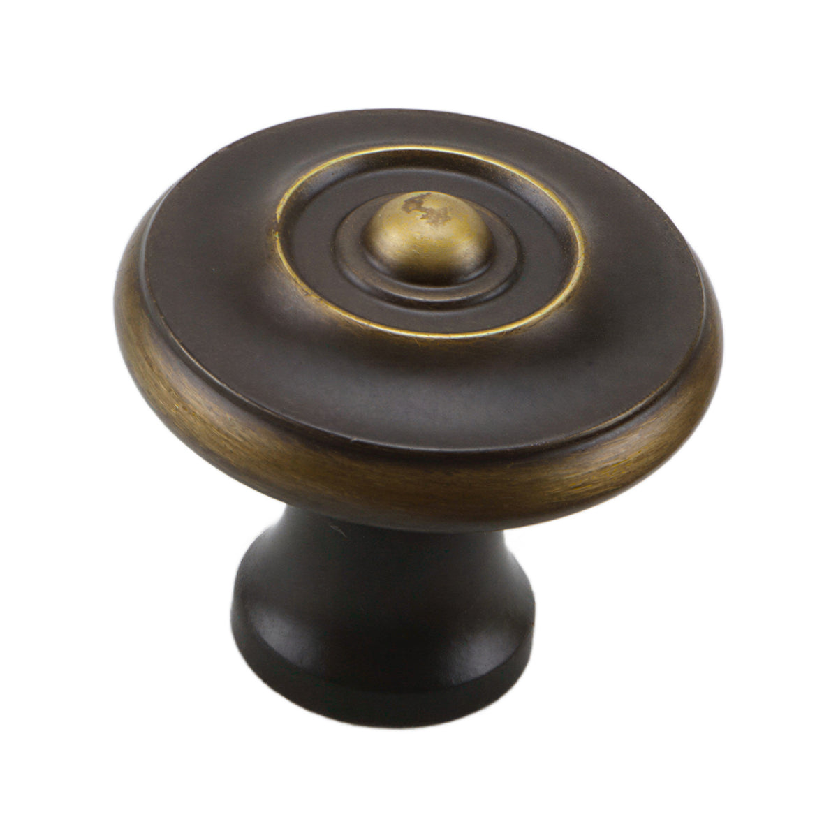 Antique bronze-tone round cabinet knob with a raised gold-tone center, option No. 4.