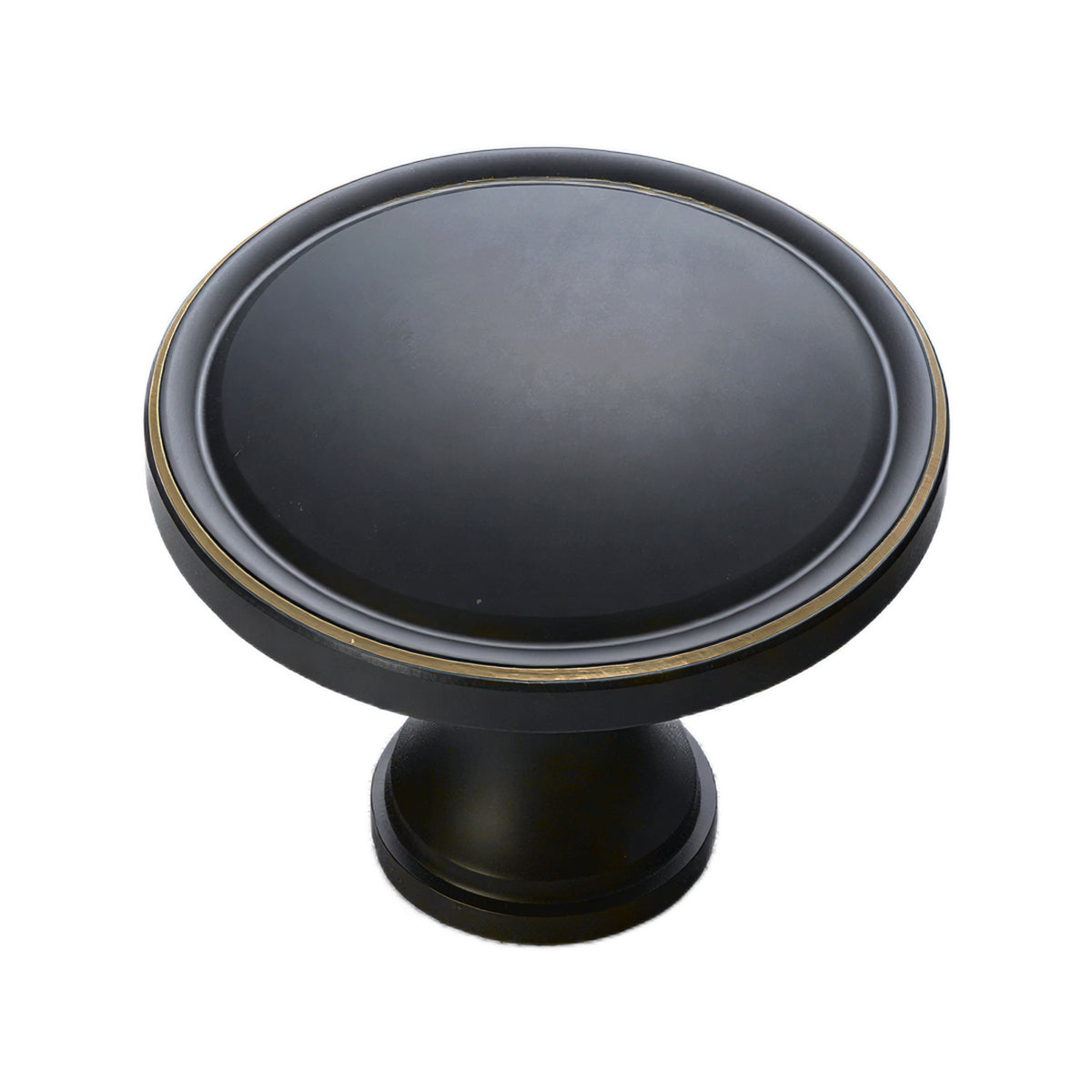 Black bronze round cabinet knob with a raised rim.