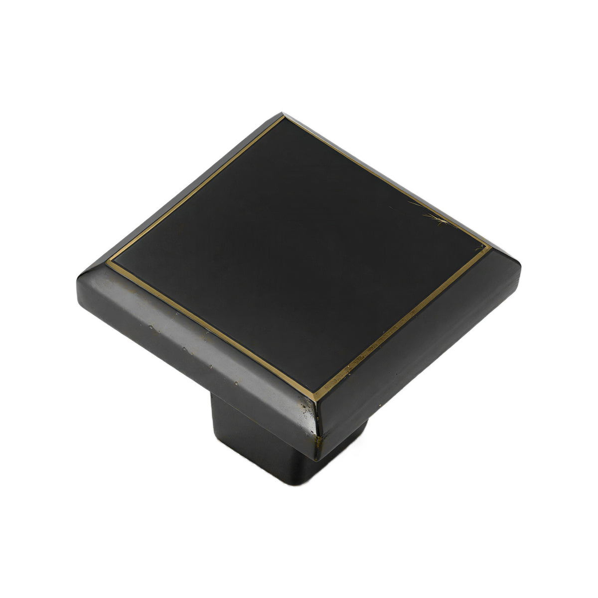 Black bronze square cabinet knob with a flat top and stepped edge, option No. 6.